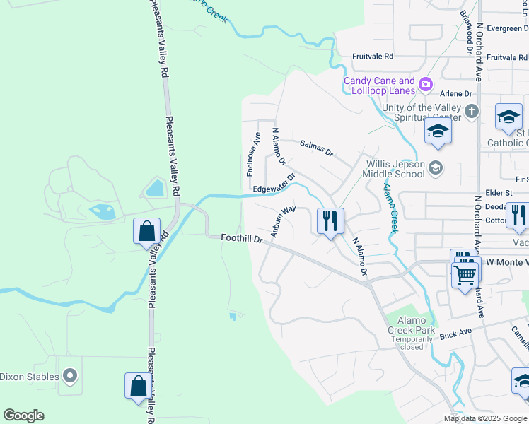 map of restaurants, bars, coffee shops, grocery stores, and more near 112 Santa Fe Court in Vacaville