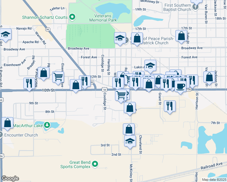 map of restaurants, bars, coffee shops, grocery stores, and more near 800 Coolidge Street in Great Bend