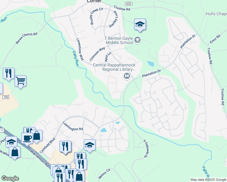 map of restaurants, bars, coffee shops, grocery stores, and more near 18 Newcastle Place in Fredericksburg