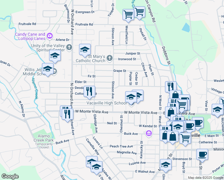 map of restaurants, bars, coffee shops, grocery stores, and more near 317 Cottonwood Street in Vacaville