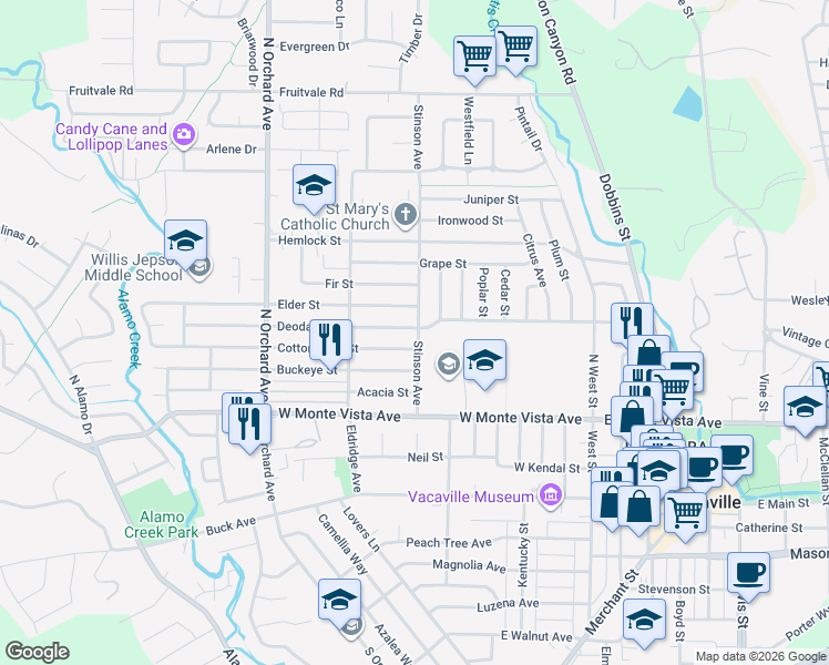 map of restaurants, bars, coffee shops, grocery stores, and more near 317 Cottonwood Street in Vacaville