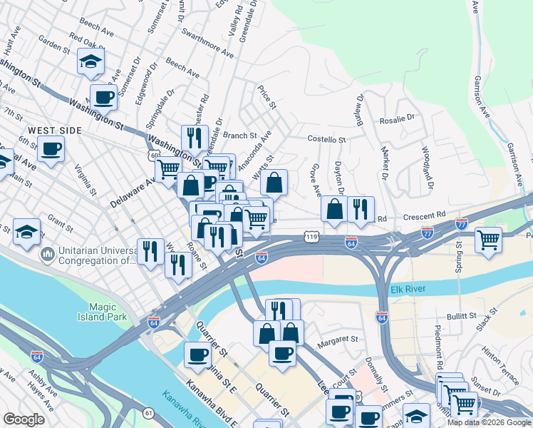 map of restaurants, bars, coffee shops, grocery stores, and more near 730 Indiana Avenue in Charleston