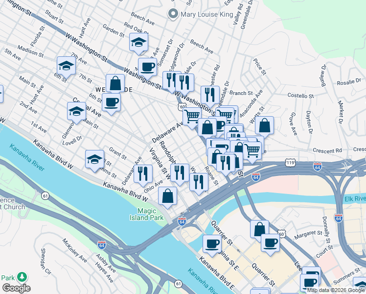 map of restaurants, bars, coffee shops, grocery stores, and more near 403 Ohio Avenue in Charleston