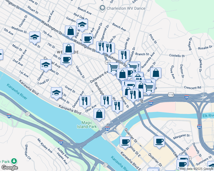 map of restaurants, bars, coffee shops, grocery stores, and more near 318 Randolph Street in Charleston