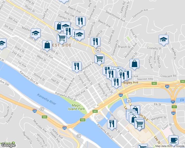 map of restaurants, bars, coffee shops, grocery stores, and more near 398 Randolph St in Charleston