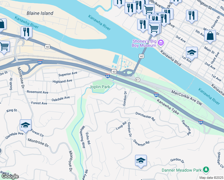 map of restaurants, bars, coffee shops, grocery stores, and more near 1820 Locust Avenue in South Charleston