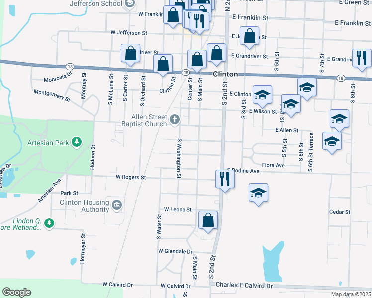 map of restaurants, bars, coffee shops, grocery stores, and more near 107 East Tebo Street in Clinton