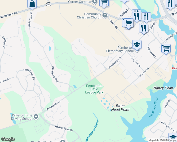 map of restaurants, bars, coffee shops, grocery stores, and more near 1401 Pemberton Drive in Salisbury