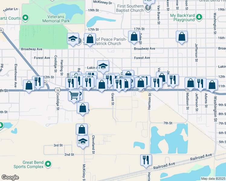 map of restaurants, bars, coffee shops, grocery stores, and more near in Great Bend