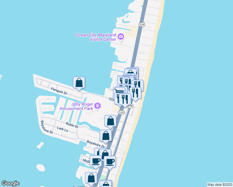 map of restaurants, bars, coffee shops, grocery stores, and more near 302 32nd Street in Ocean City