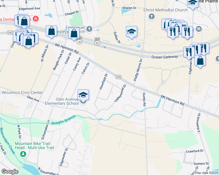 map of restaurants, bars, coffee shops, grocery stores, and more near 402 Midland Terrace in Salisbury