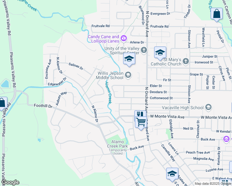 map of restaurants, bars, coffee shops, grocery stores, and more near 591 Elder Street in Vacaville