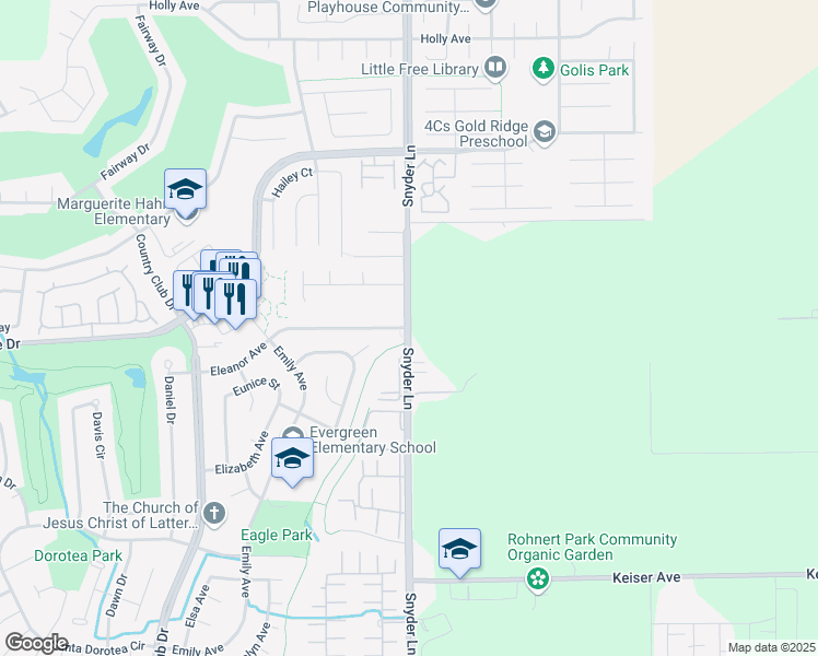 map of restaurants, bars, coffee shops, grocery stores, and more near Snyder Ln & Eleanor Ave in Rohnert Park