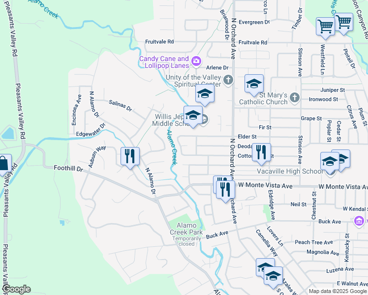 map of restaurants, bars, coffee shops, grocery stores, and more near 591 Elder Street in Vacaville