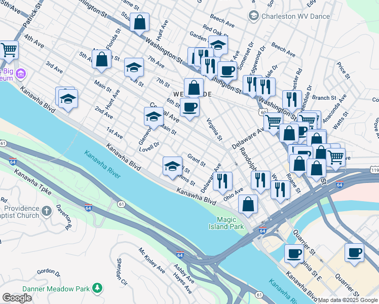 map of restaurants, bars, coffee shops, grocery stores, and more near 629 Main Street in Charleston