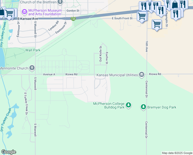 map of restaurants, bars, coffee shops, grocery stores, and more near East Avenue A in McPherson