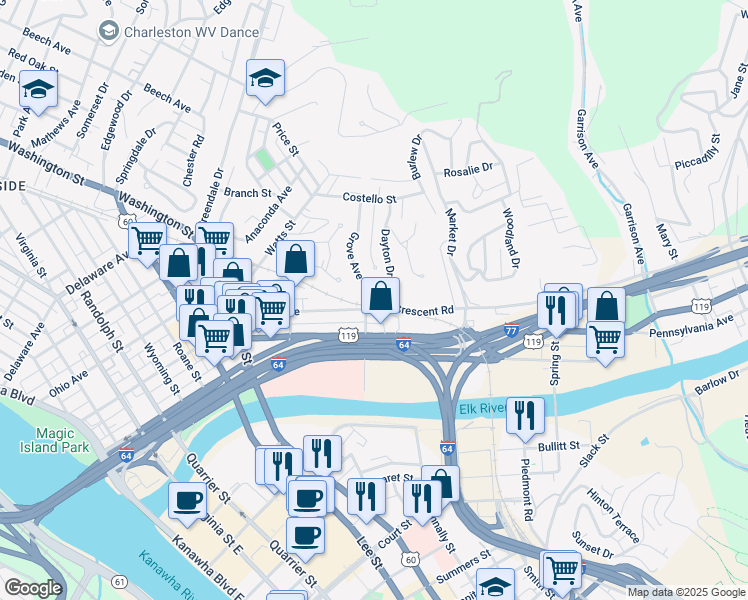 map of restaurants, bars, coffee shops, grocery stores, and more near 315 Dayton Drive in Charleston