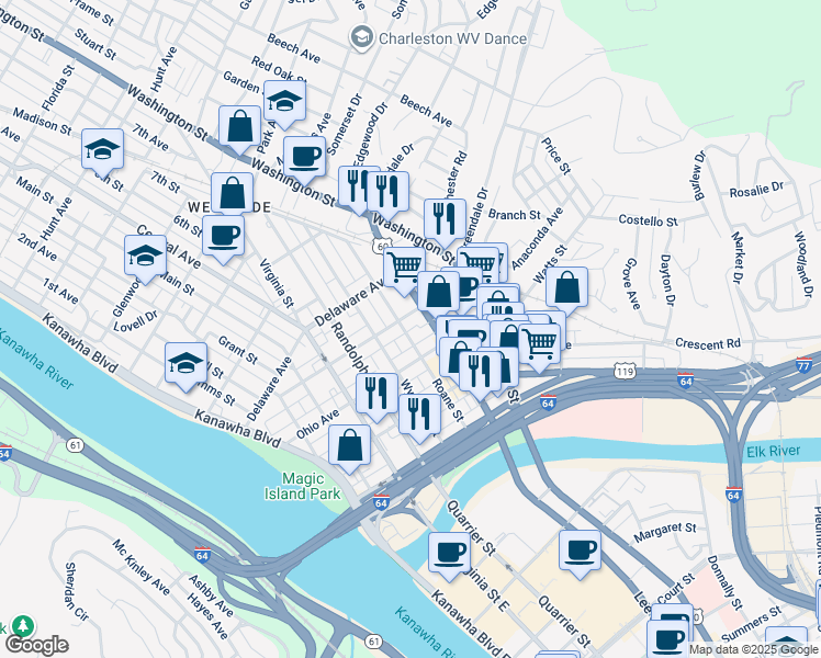 map of restaurants, bars, coffee shops, grocery stores, and more near 500 Maryland Ave in Charleston