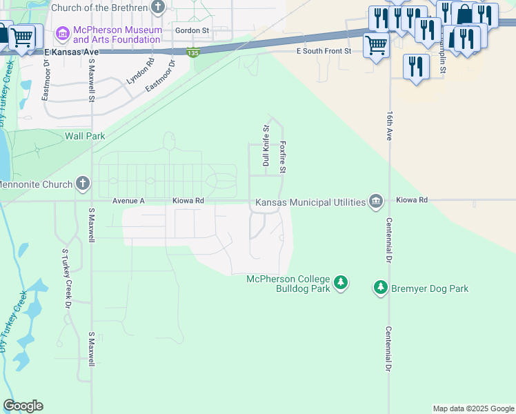 map of restaurants, bars, coffee shops, grocery stores, and more near East Avenue A in McPherson