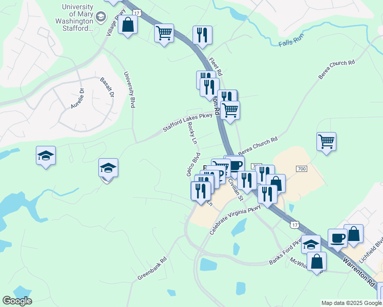 map of restaurants, bars, coffee shops, grocery stores, and more near in Fredericksburg