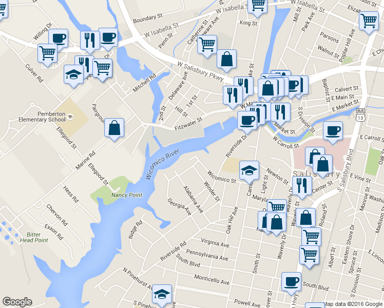 map of restaurants, bars, coffee shops, grocery stores, and more near 605 Wicomico Street in Salisbury