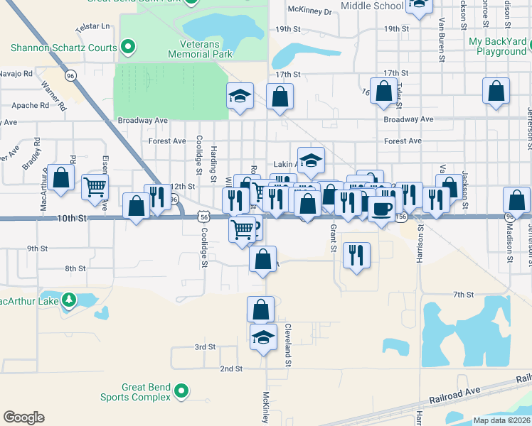 map of restaurants, bars, coffee shops, grocery stores, and more near 1017 McKinley Street in Great Bend