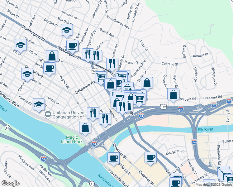 map of restaurants, bars, coffee shops, grocery stores, and more near 318 Lee Street West in Charleston