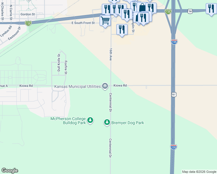 map of restaurants, bars, coffee shops, grocery stores, and more near 2090 East Avenue A in McPherson