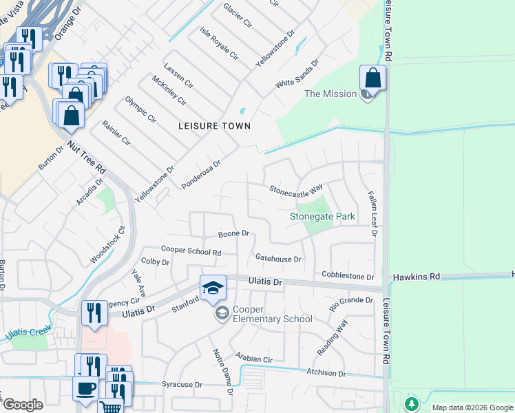map of restaurants, bars, coffee shops, grocery stores, and more near 563 Stonewood Drive in Vacaville