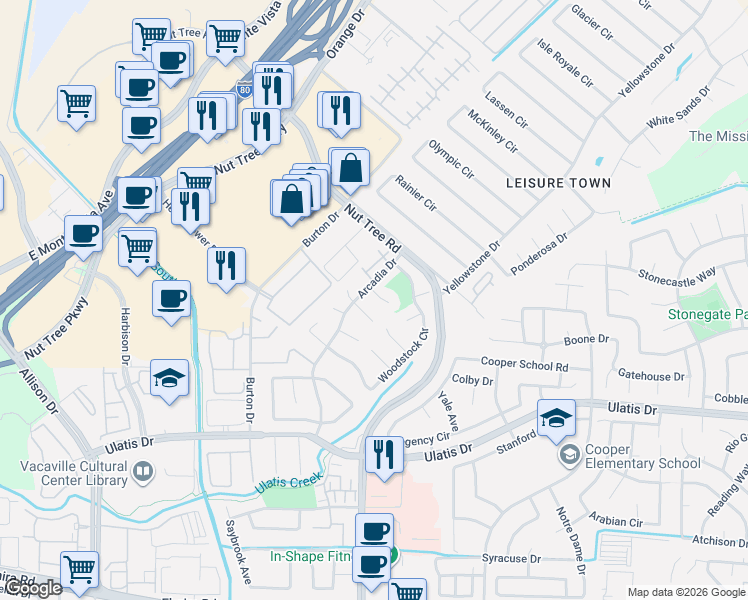 map of restaurants, bars, coffee shops, grocery stores, and more near 170 Arcadia Drive in Vacaville