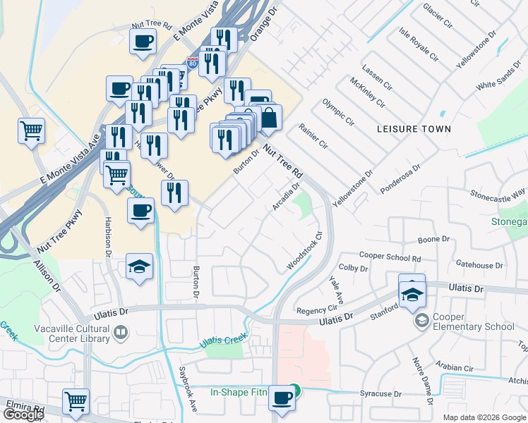 map of restaurants, bars, coffee shops, grocery stores, and more near 118 Sausalito Court in Vacaville