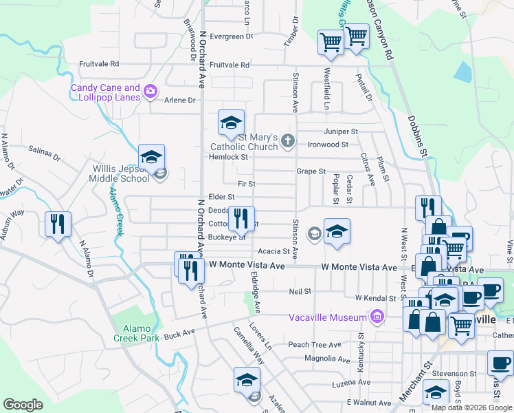 map of restaurants, bars, coffee shops, grocery stores, and more near 381 Elder Street in Vacaville