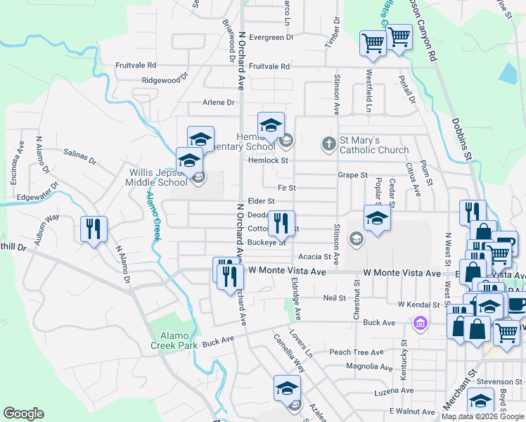 map of restaurants, bars, coffee shops, grocery stores, and more near 477 Elder Street in Vacaville