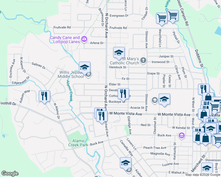 map of restaurants, bars, coffee shops, grocery stores, and more near 477 Elder Street in Vacaville