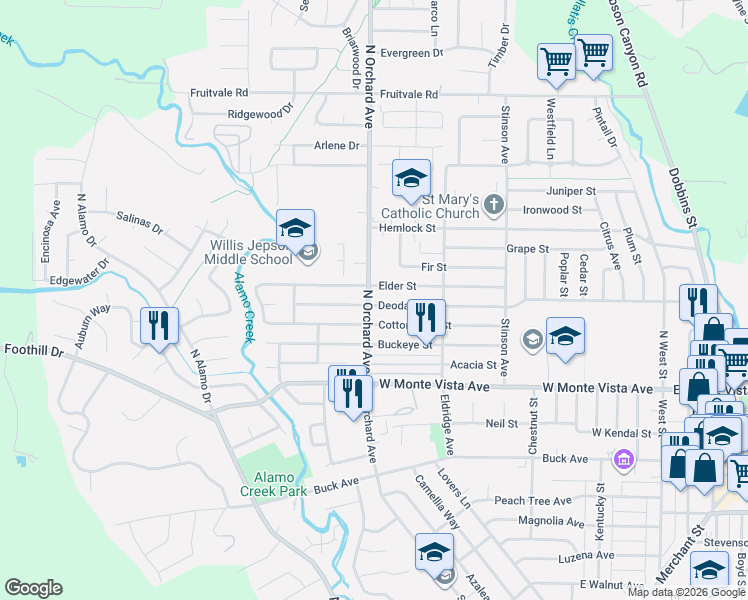 map of restaurants, bars, coffee shops, grocery stores, and more near 477 Elder Street in Vacaville