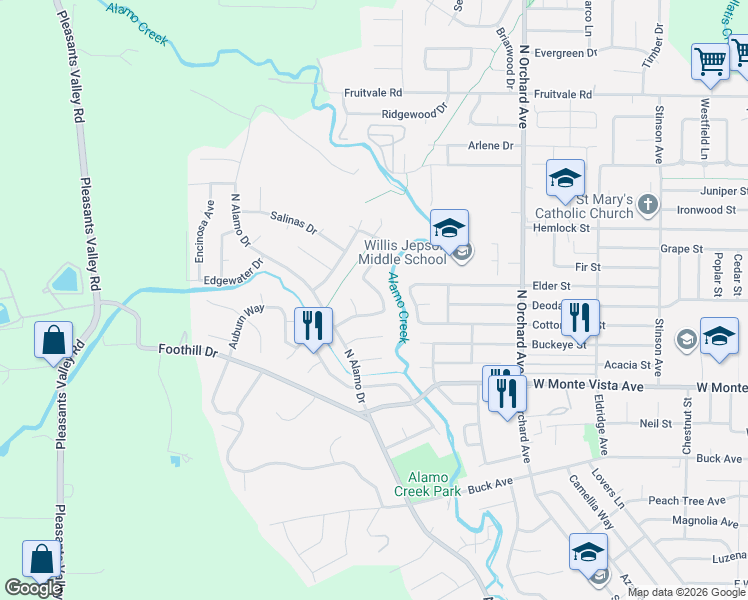 map of restaurants, bars, coffee shops, grocery stores, and more near 185 Cheyenne Drive in Vacaville