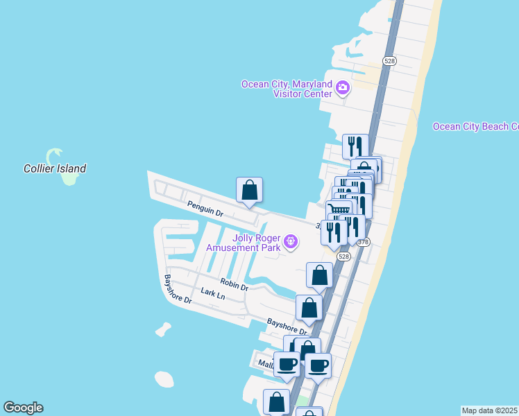 map of restaurants, bars, coffee shops, grocery stores, and more near 503 32nd Street in Ocean City