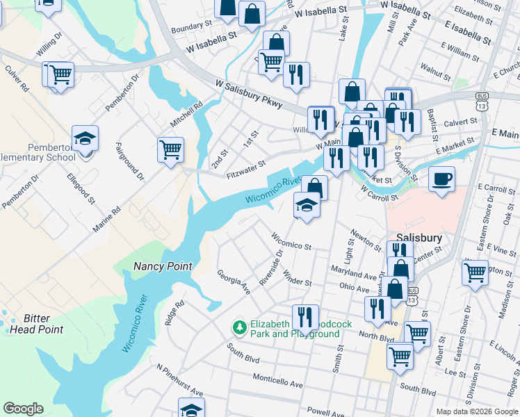 map of restaurants, bars, coffee shops, grocery stores, and more near 605 Wicomico Street in Salisbury