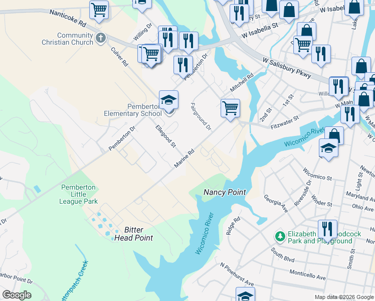 map of restaurants, bars, coffee shops, grocery stores, and more near 1047 Marine Road in Salisbury