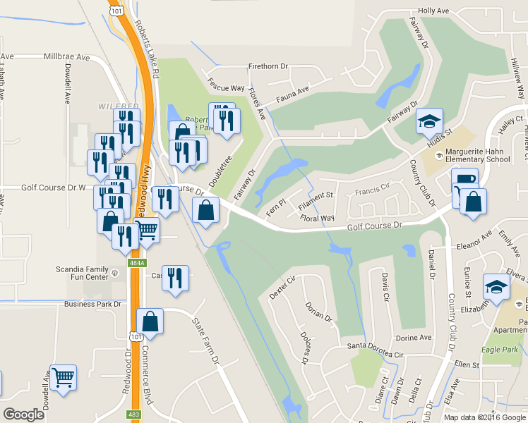 map of restaurants, bars, coffee shops, grocery stores, and more near Golf Course Drive in Rohnert Park