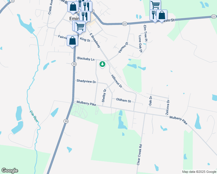 map of restaurants, bars, coffee shops, grocery stores, and more near 301 Shadyview Drive in Eminence