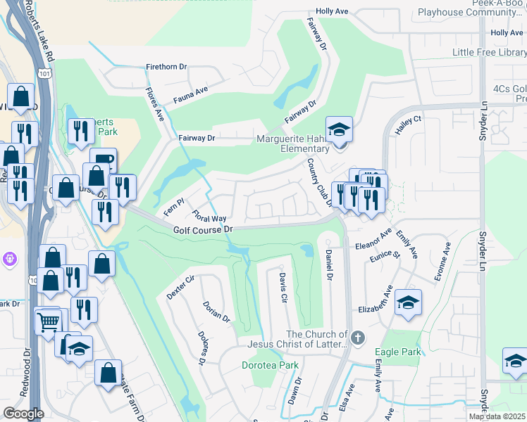 map of restaurants, bars, coffee shops, grocery stores, and more near 29 Fredrick Drive in Rohnert Park