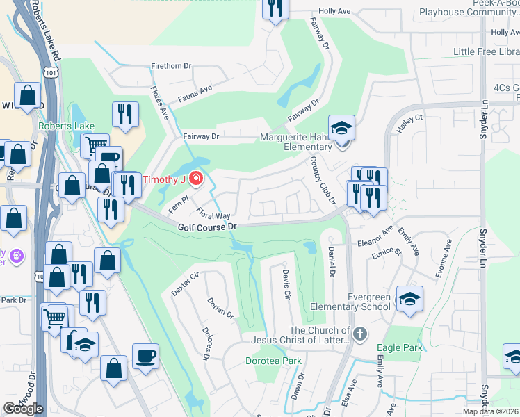 map of restaurants, bars, coffee shops, grocery stores, and more near 28 Fredrick Drive in Rohnert Park