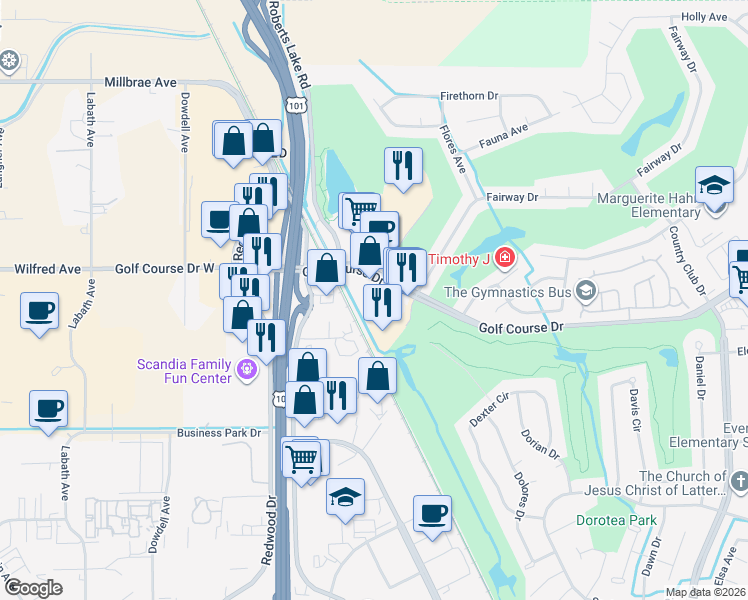 map of restaurants, bars, coffee shops, grocery stores, and more near 160 Golf Course Drive in Rohnert Park