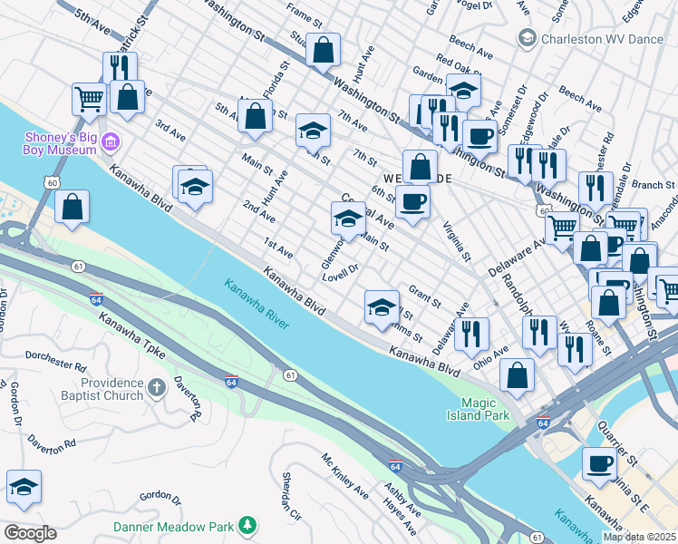 map of restaurants, bars, coffee shops, grocery stores, and more near 108A Glenwood Avenue in Charleston