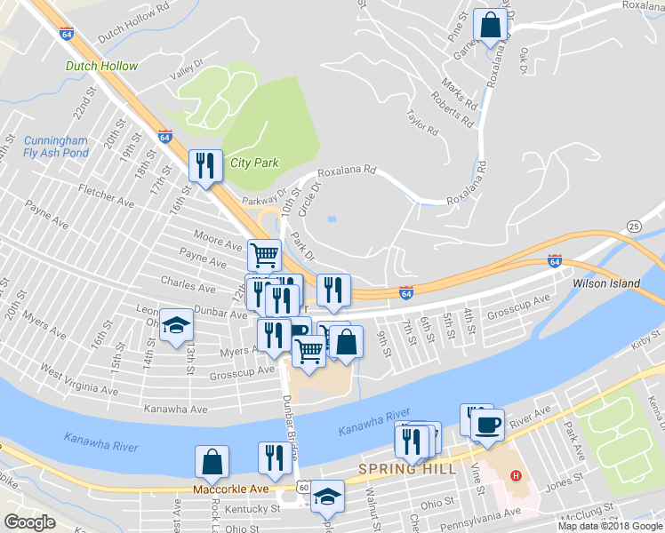 map of restaurants, bars, coffee shops, grocery stores, and more near 999 Park Drive in Dunbar