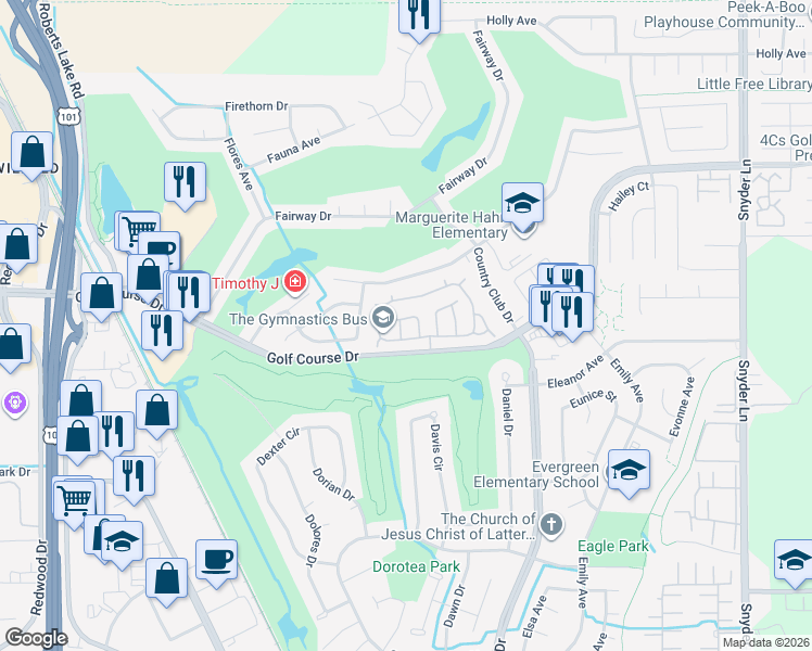 map of restaurants, bars, coffee shops, grocery stores, and more near 12 Fredrick Drive in Rohnert Park