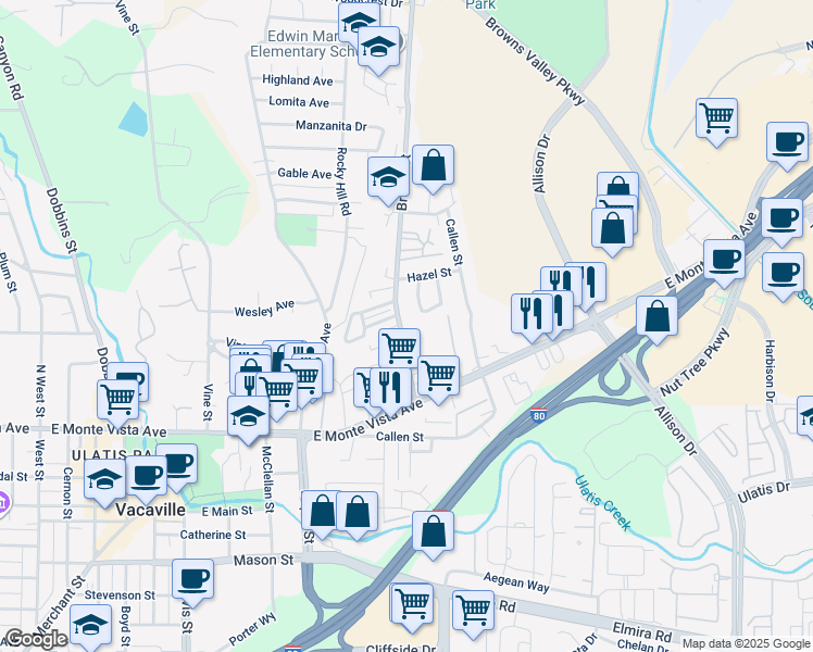 map of restaurants, bars, coffee shops, grocery stores, and more near 198 Brown Street in Vacaville