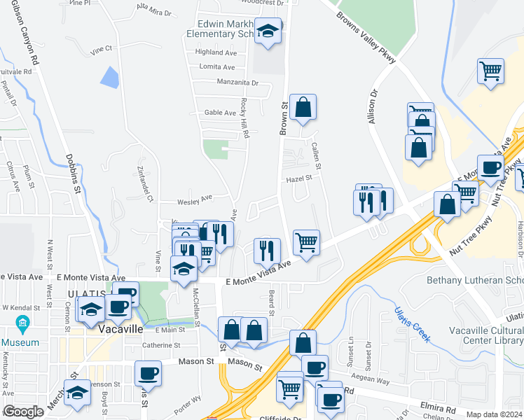 map of restaurants, bars, coffee shops, grocery stores, and more near 201 Brown Street in Vacaville