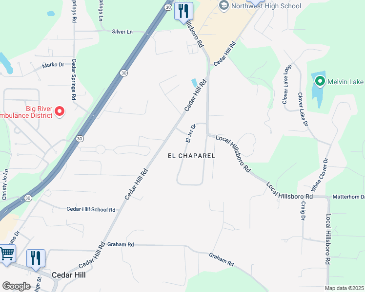 map of restaurants, bars, coffee shops, grocery stores, and more near 53 El Jer Drive in Cedar Hill
